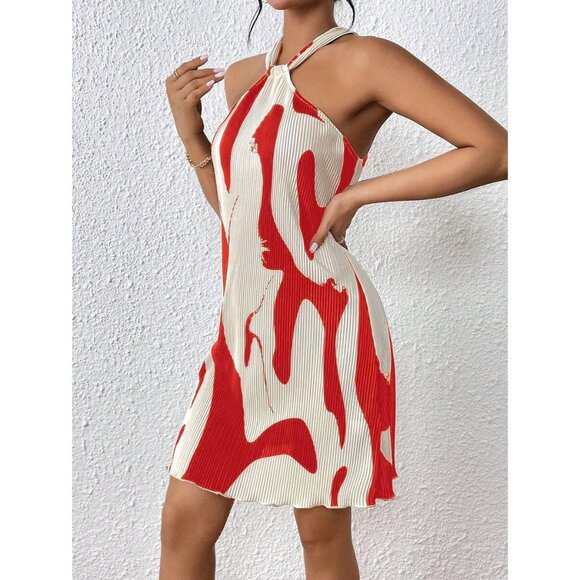 Women's Printed Halter Neck Mini Dress Casual Sundress for Parties Day - Picture 4 of 7